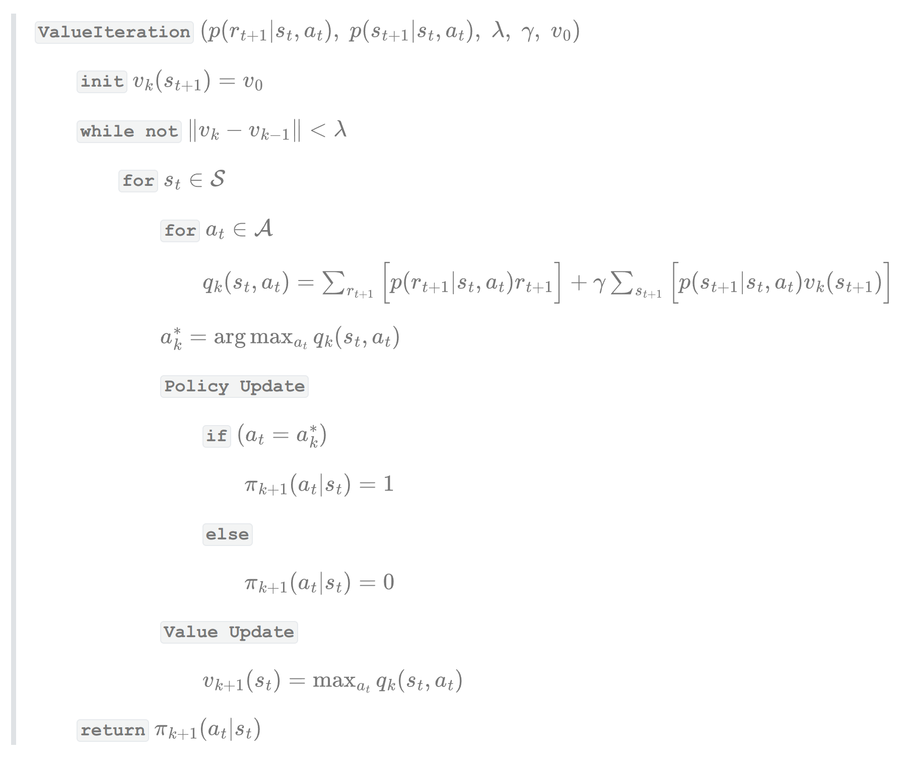value iteration pseudo code