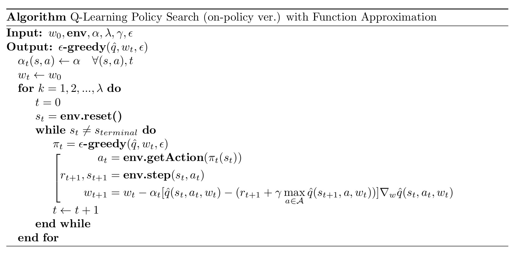 pseudo code qlearning function approximation