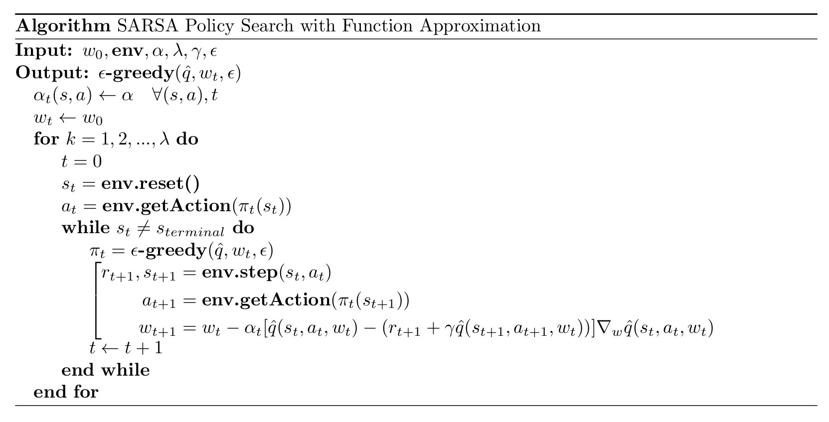 pseudo code sarsa function approx